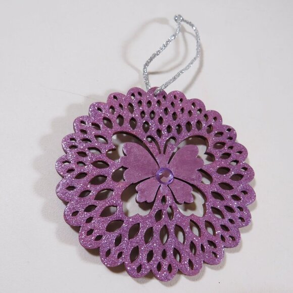 Lavender Purple Round Butterfly Laser Cut Wooden Ornament (Double Sided) Hangs - Picture 3 of 7